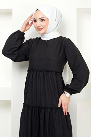 Kat Kat Büzgülü Elbise Siyah HM2369