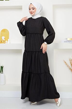 Kat Kat Büzgülü Elbise Siyah HM2369