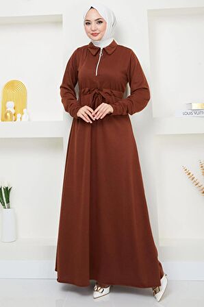 Fermuarlı Bağlamalı İki İplik Elbise Kahverengi HM2379