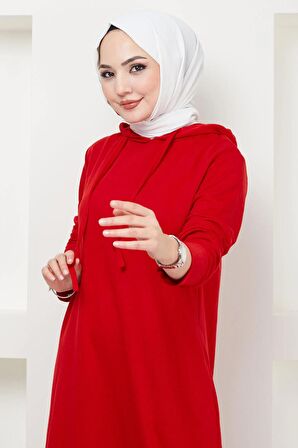 İki İplik Kapüşonlu Elbise Kırmızı HM2164