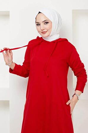 İki İplik Kapüşonlu Elbise Kırmızı HM2164