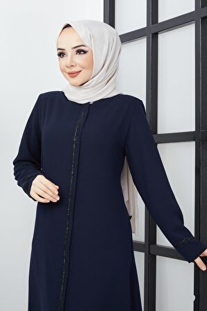 Büyük Beden Taş İşleme Detaylı Lacivert Ferace