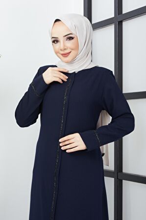 Büyük Beden Taş İşleme Detaylı Lacivert Ferace
