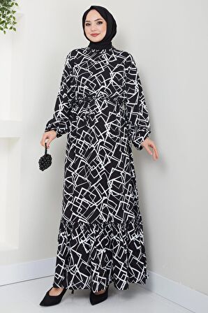 Geometrik Desenli Viskon Elbise Siyah HM2401