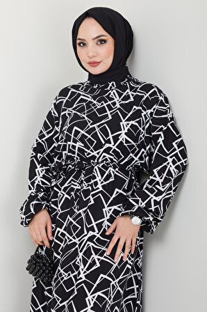 Geometrik Desenli Viskon Elbise Siyah HM2401