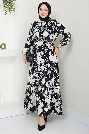 Karanfil Desenli Viskon Elbise Siyah HM2407