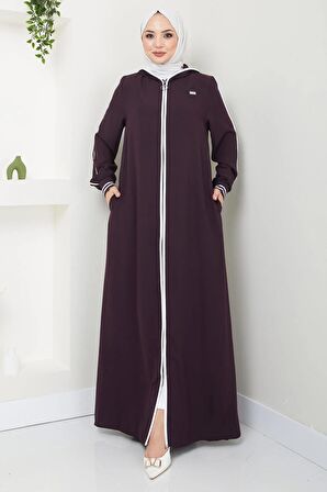 Şeritli Biye Detaylı Ferace Mürdüm HM2151