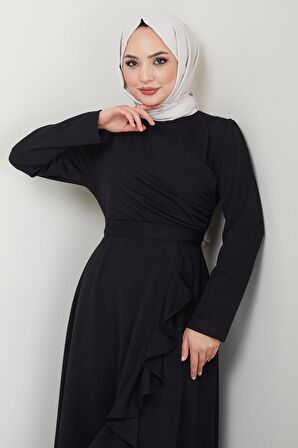 Eteği Fırfırlı Drapeli Elbise Siyah HM2419