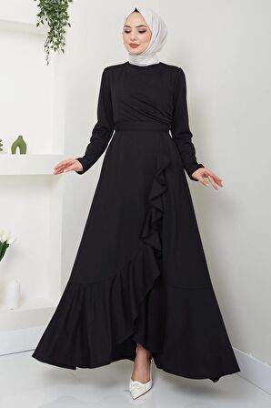 Eteği Fırfırlı Drapeli Elbise Siyah HM2419