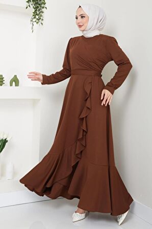 Eteği Fırfırlı Drapeli Elbise Kahverengi HM2419