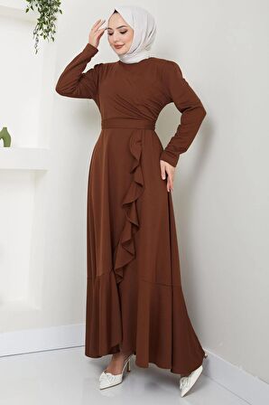 Eteği Fırfırlı Drapeli Elbise Kahverengi HM2419