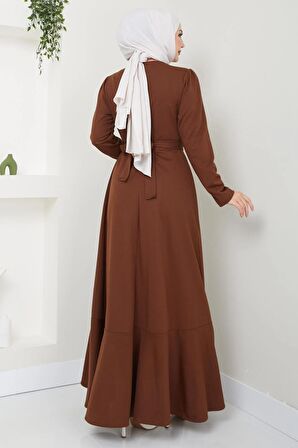 Eteği Fırfırlı Drapeli Elbise Kahverengi HM2419