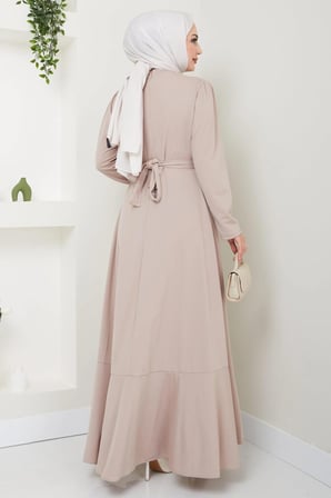 Eteği Fırfırlı Drapeli Elbise Bej HM2419