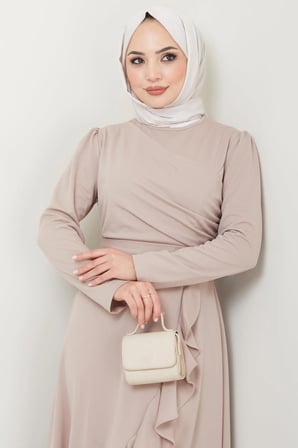Eteği Fırfırlı Drapeli Elbise Bej HM2419