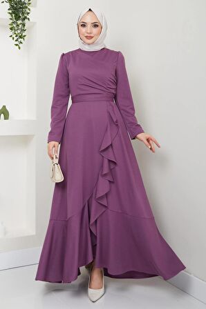 Eteği Fırfırlı Drapeli Elbise Mürdüm HM2419