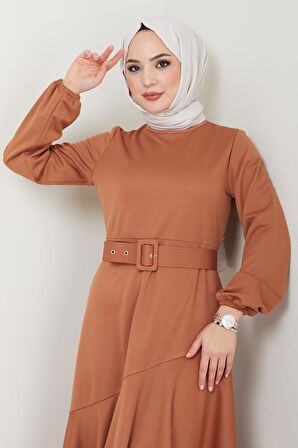 Volan Detaylı Kemerli Elbise Taba HM2421