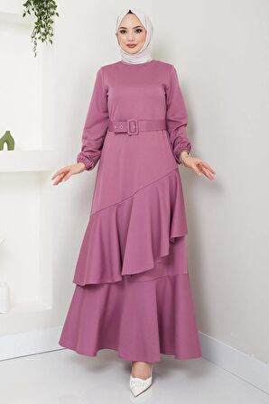 Volan Detaylı Kemerli Elbise Mürdüm HM2421