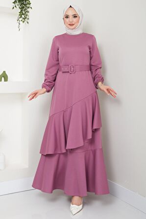 Volan Detaylı Kemerli Elbise Mürdüm HM2421