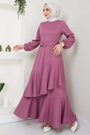 Volan Detaylı Kemerli Elbise Mürdüm HM2421