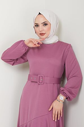 Volan Detaylı Kemerli Elbise Mürdüm HM2421