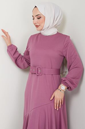 Volan Detaylı Kemerli Elbise Mürdüm HM2421