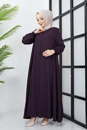 Büyük Beden Kolları Gipe Detaylı Mürdüm Ferace