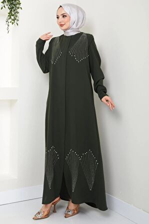 Kristal Taş İşlemeli Ferace Haki HM2423