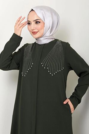 Kristal Taş İşlemeli Ferace Haki HM2423