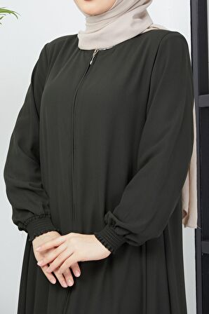 Büyük Beden Kolları Gipe Detaylı Haki Ferace
