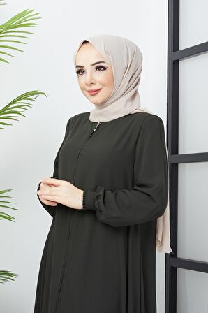 Büyük Beden Kolları Gipe Detaylı Haki Ferace