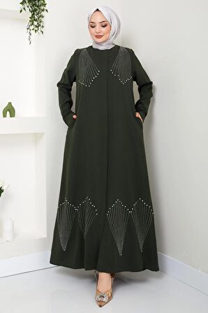 Kristal Taş İşlemeli Ferace Haki HM2423