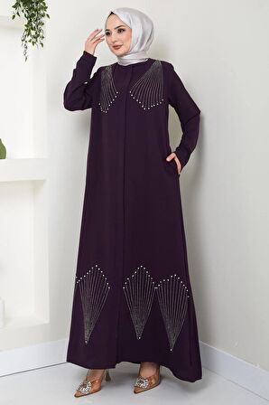 Kristal Taş İşlemeli Ferace Mürdüm HM2423
