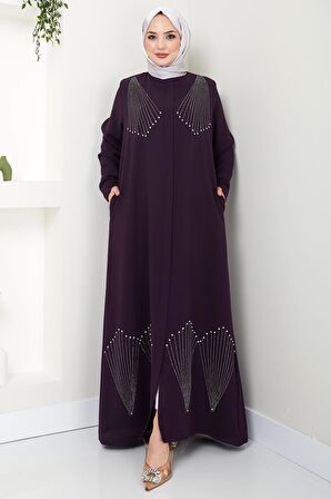 Kristal Taş İşlemeli Ferace Mürdüm HM2423