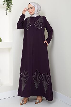 Kristal Taş İşlemeli Ferace Mürdüm HM2423