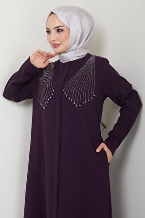 Kristal Taş İşlemeli Ferace Mürdüm HM2423