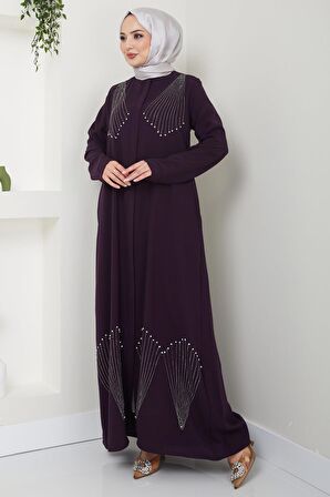 Kristal Taş İşlemeli Ferace Mürdüm HM2423