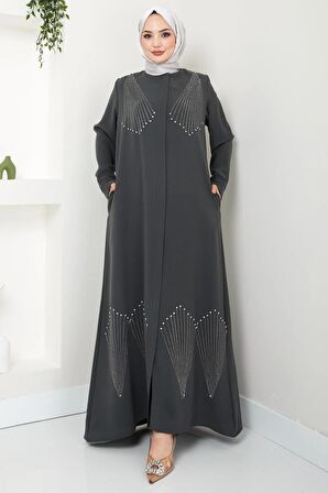 Kristal Taş İşlemeli Ferace Antrasit HM2423