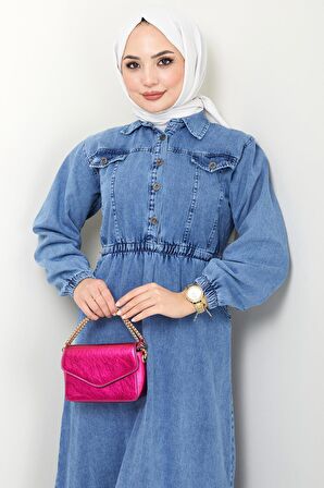 Düğmeli Beli Lastikli Kot Elbise Mavi HM2428