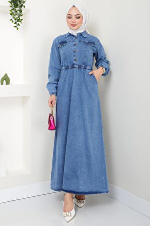 Düğmeli Beli Lastikli Kot Elbise Mavi HM2428