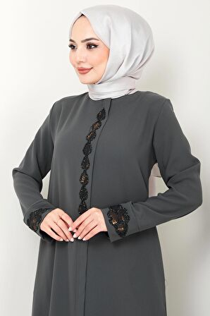 Damla Taş Detaylı Ferace Füme HM2435