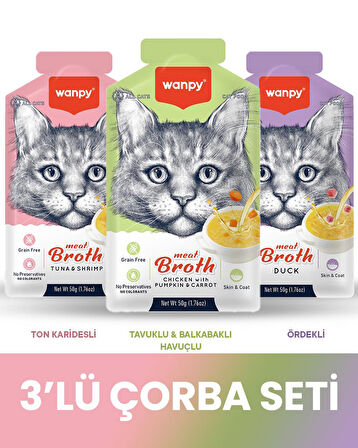 WANPY Kediler İçin Çorba Seti 3x50gr (Ton,Karides-Tavuk,Balkabağı,Havuç-Ördek)