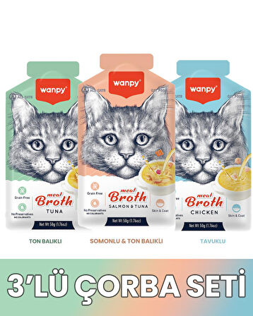 Wanpy Kediler için Çorba Seti 3x50gr (Ton balıklı-Somon,Ton-Tavuklu)