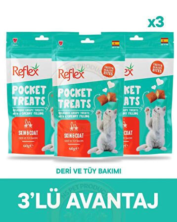 Reflex Pocket Treats Deri ve Tüy Bakımı için Kedi Ödül Maması 3lü Fırsat 3x60gr