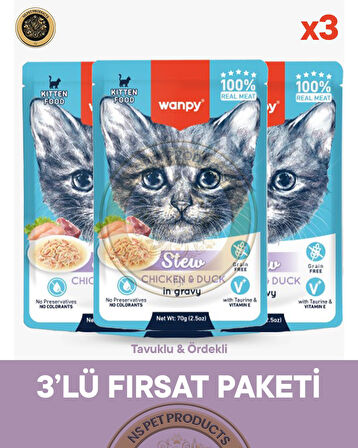 Wanpy Pouch Tavuk-Ördek Yaş Yavru Kedi Maması 3lü Fırsat 3x70gr