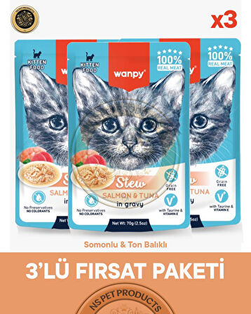 Wanpy Pouch Somon-Ton Yaş Yavru Kedi Maması 3lü Fırsat 3x70gr