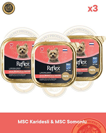 Reflex Plus Pate MSC Karidesli ve MSC Somonlu Mini ve Küçük Irklar için Yetişkin Köpek Maması 3X85 g