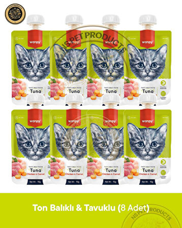 Wanpy Ton Balıklı Ve Tavuklu Kedi Et Ezmesi 8'li – 90 g × 8 Paket 