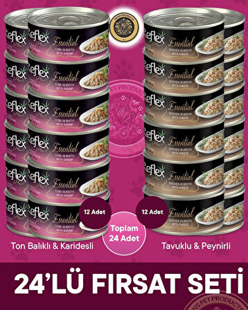 Reflex Plus Essential Fırsat Seti Peynirli Tavuklu ve Ton Balıklı Karidesli Kedi Konservesi – 24x70gr