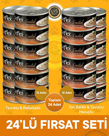 Reflex Plus Essential Fırsat Seti Tavuklu Balkabaklı ve Ton Balıklı Tavuklu Havuclu Kedi Konservesi – 24x70gr