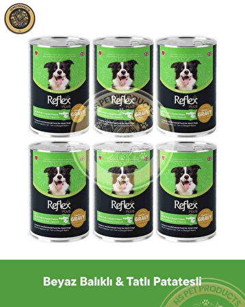 Reflex Plus Sos İçinde Et Parçacıklı Beyaz Balıklı ve Tatlı Patatesli Yetişkin Köpek Maması 6x400gr